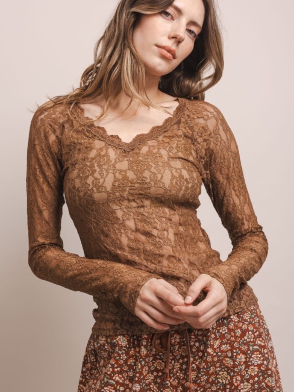 Blue Velvet Brown Lace V-neck Top